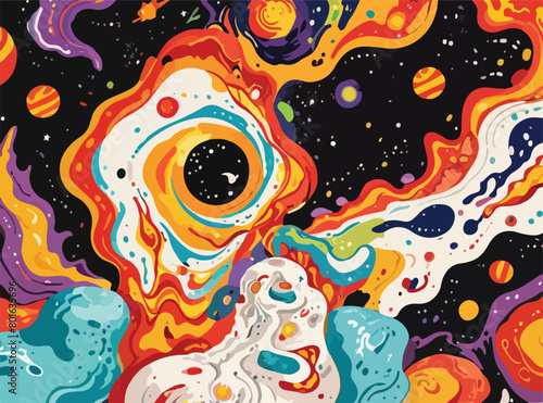 Psychedelic Art - Vibrant Swirl Background with Planetary Motif. Vector Illustration. EPS 10.