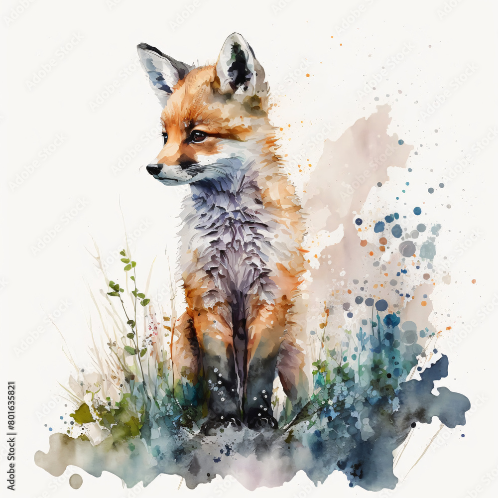 Obraz premium Watercolor Baby Fox Whimsical Forest Wildlife, baby cub,Nature,animal,Autumn,Woodland creatures,Gentle,Young,Earthy,portrait,playful,