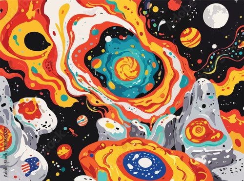 Psychedelic Art - Vibrant Swirl Background with Planetary Motif. Vector Illustration. EPS 10.