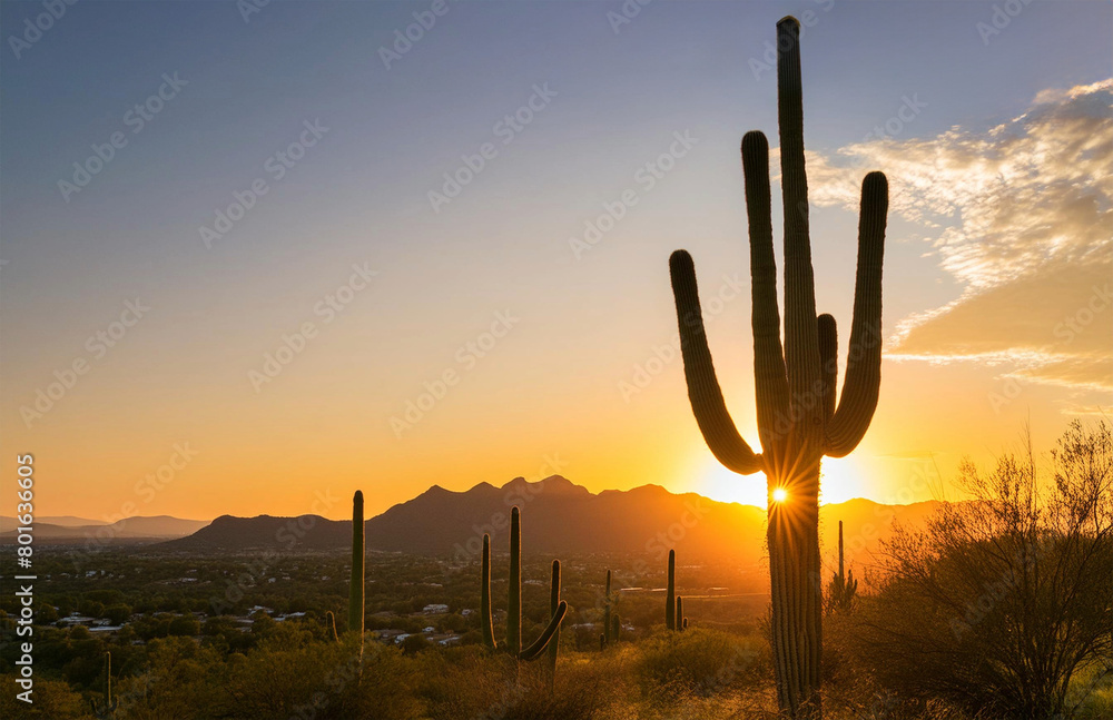 Cactus growing in the desert, beautiful sunset backdrop.