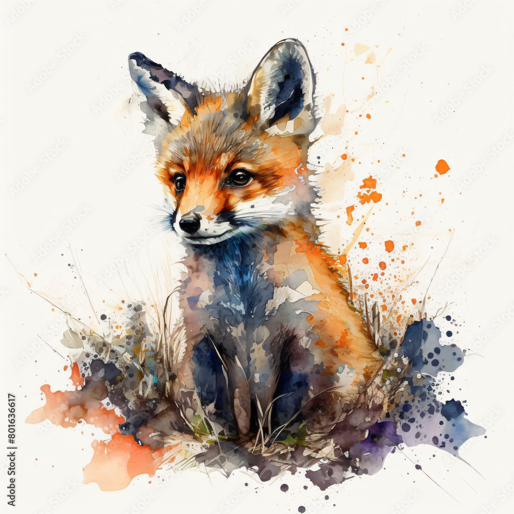 Obraz premium Watercolor Baby Fox Whimsical Forest Wildlife, baby cub,Nature,animal,Autumn,Woodland creatures,Gentle,Young,Earthy,portrait,playful,