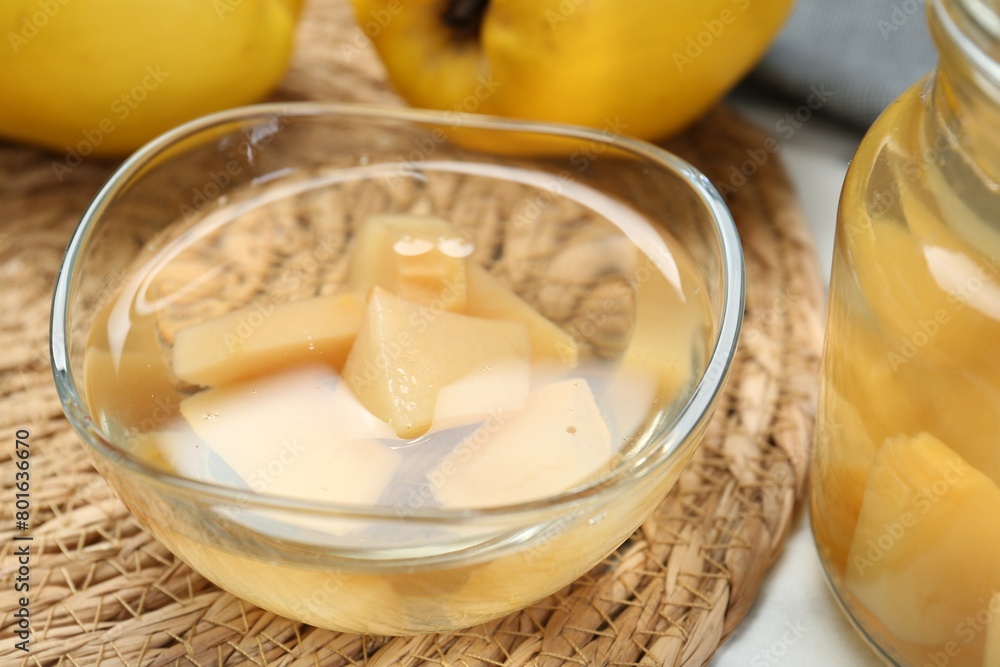 Delicious quince drink and fresh fruits on table, closeup Delicious quince drink and fresh fruits on table, closeup