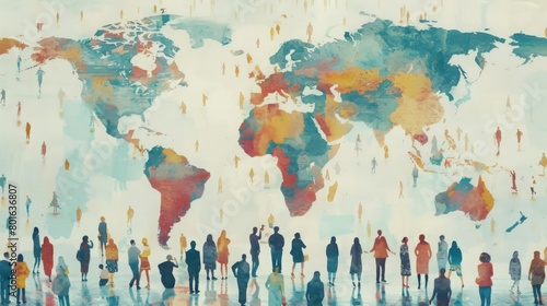 A painting showing a diverse group of individuals standing together in front of a detailed world map, engaging in discussion or planning.