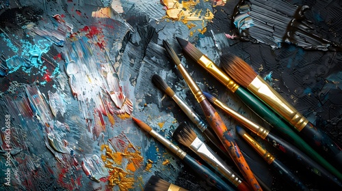 A set of brushes above a painting.