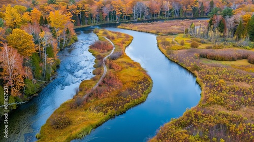 Tranquil river winding through a colorful autumn landscape