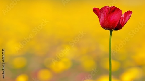 Vibrant red tulip against a yellow background