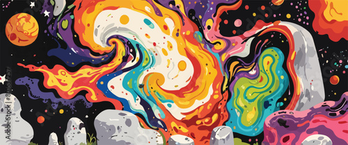 Psychedelic Art - Vibrant Swirl Background with Planetary Motif. Vector Illustration. EPS 10.