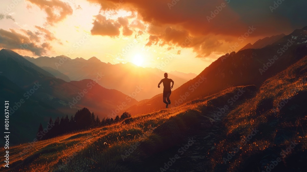 A picturesque view of a runner's silhouette against a majestic mountain range, inspiring a sense of adventure and exploration on Global Running Day.