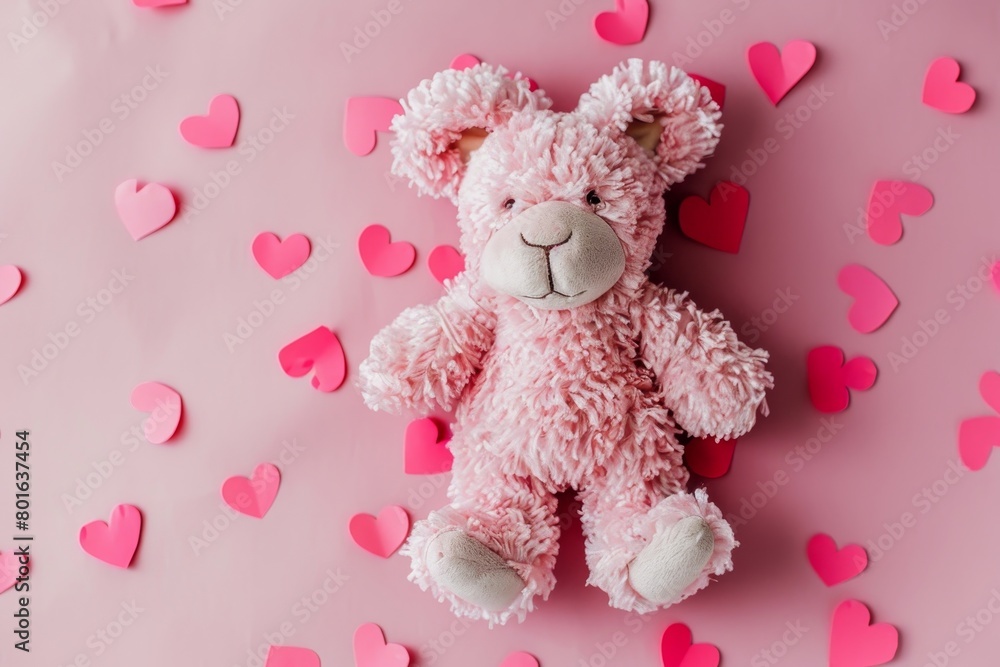 Cute pink plush teddy bear surrounded by heart-shaped confetti Cute pink plush teddy bear surrounded by heart-shaped confetti