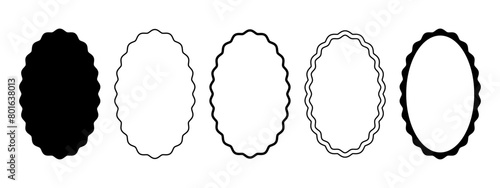 Set of oval frames with wavy borders. Elliptical shapes with curved efges. Mirror, picture or photo frames, empty text boxes, tags or labels isolated on white background. Vector graphic illustration.
