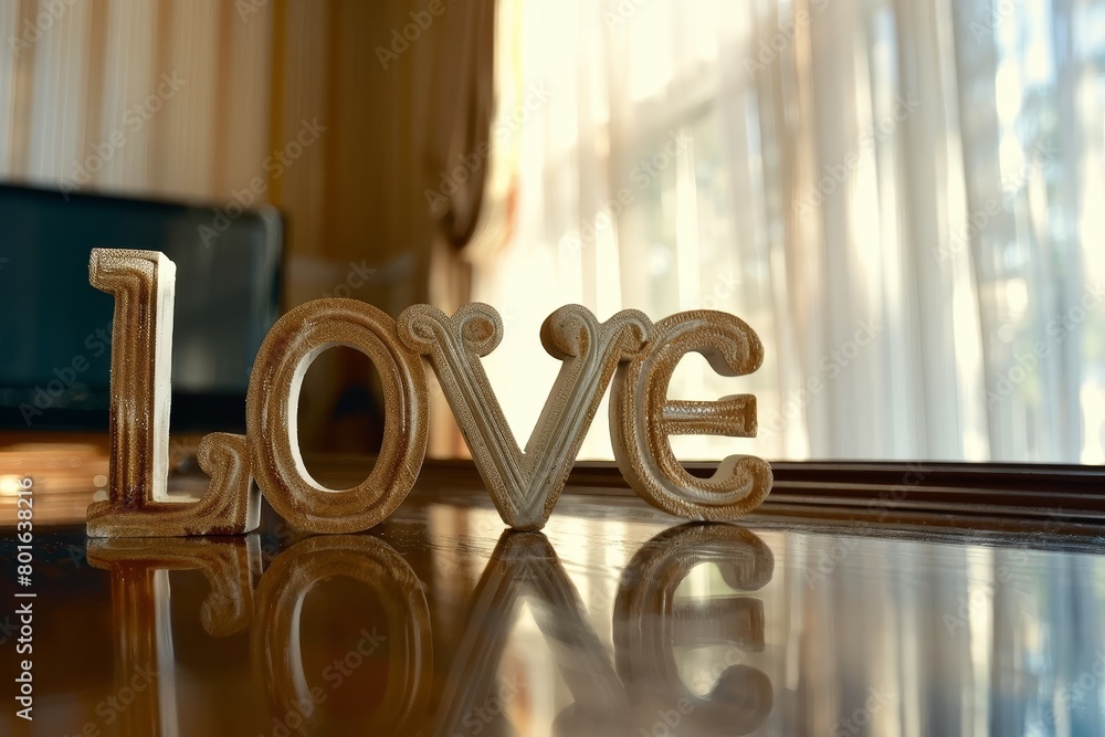 Wooden love letters on a reflective surface Wooden love letters on a reflective surface