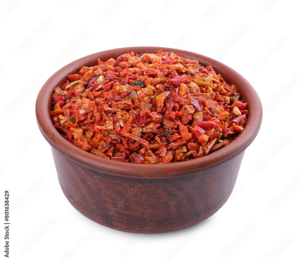 Aromatic spice. Red chili pepper flakes in bowl isolated on white Aromatic spice. Red chili pepper flakes in bowl isolated on white
