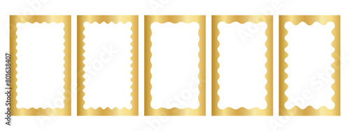 Set of gold rectangle frames with wavy inner borders. Mirror, photo or picture frameworks in luxury style. Golden rectangular boxes, tags or labels isolated on white background. Vector illustration.