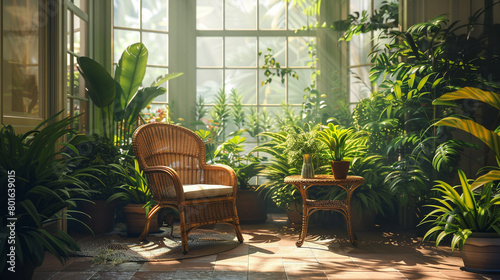 A sun-drenched conservatory with a wicker armchair, a pedestal table, and a lush greenery