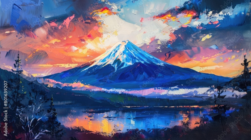 Mount fuji evening colorful sky painting