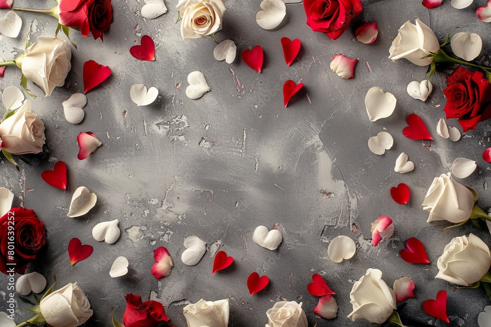 Romantic rose petals and hearts on a gray background Romantic rose petals and hearts on a gray background