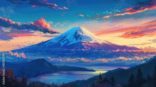 Mount fuji evening colorful sky painting photo
