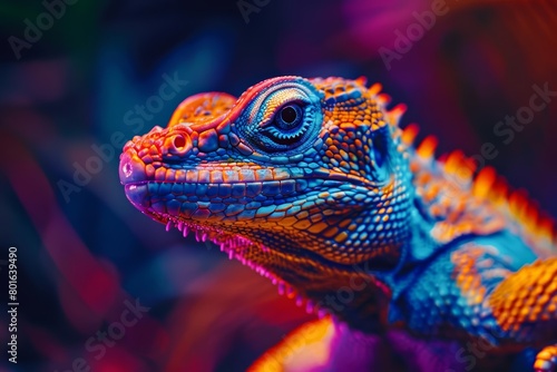 A neon-colored lizard with a blue eye and orange nose  close up