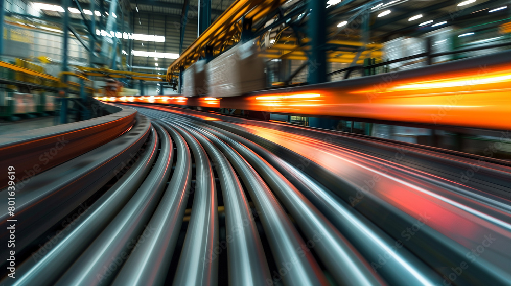 A dynamic blur of a parcel conveyor belt in a warehouse, representing the movement and logistics of online shopping, ecommerce background, with copy space
