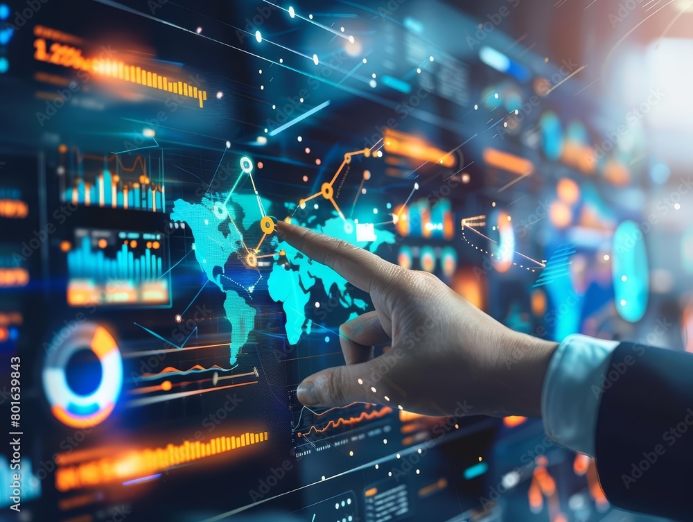 Obraz premium A businessman is using a futuristic touch screen interface to monitor global business data.