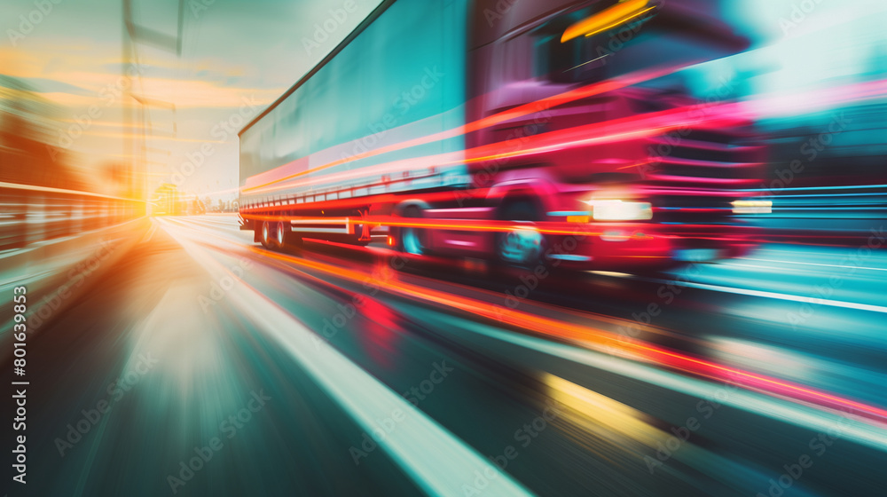 Fototapeta premium Abstract motion blur of delivery trucks on the move, symbolizing the fast pace of online order fulfillment and shipping, ecommerce background, with copy space