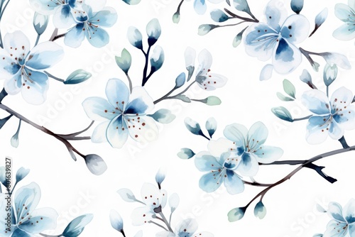 Floral pattern with blossom blue sakura flowers. Watercolor style