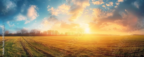A golden sunset over a vast green field with a few trees on the horizon.
