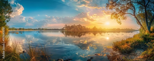 Panorama landscape of vernal equinox by the lake, photography Colorful sun light high detail landscape background #801640018