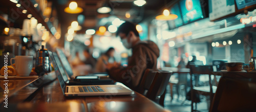 Soft focus on a crowded coffee shop with individuals using laptops and smartphones, symbolizing mobile shopping and e-commerce activity, ecommerce background, with copy space