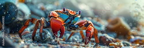 Picture a crab with robotic pincers, expertly sorting and recycling ocean debris, a closeup strange style hitech ultrafashionable concept photo