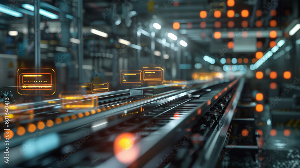 A blurred conveyor belt moving products between automated stations, highlighted by abstract, glowing symbols representing data exchange and process automation, smart manufacturing,