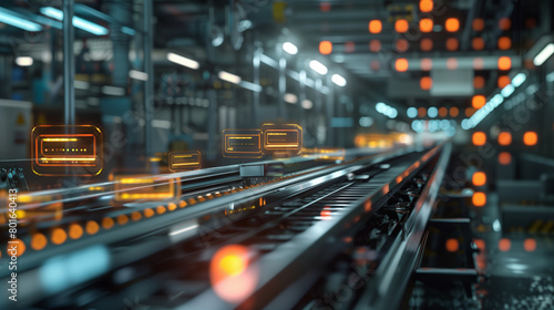 A blurred conveyor belt moving products between automated stations, highlighted by abstract, glowing symbols representing data exchange and process automation, smart manufacturing, © Катерина Євтехова