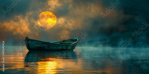 boat floating deep full moon background gorgeous golden hour stunning powerful zen composition luminous color hydrogen misty eerie boats photo