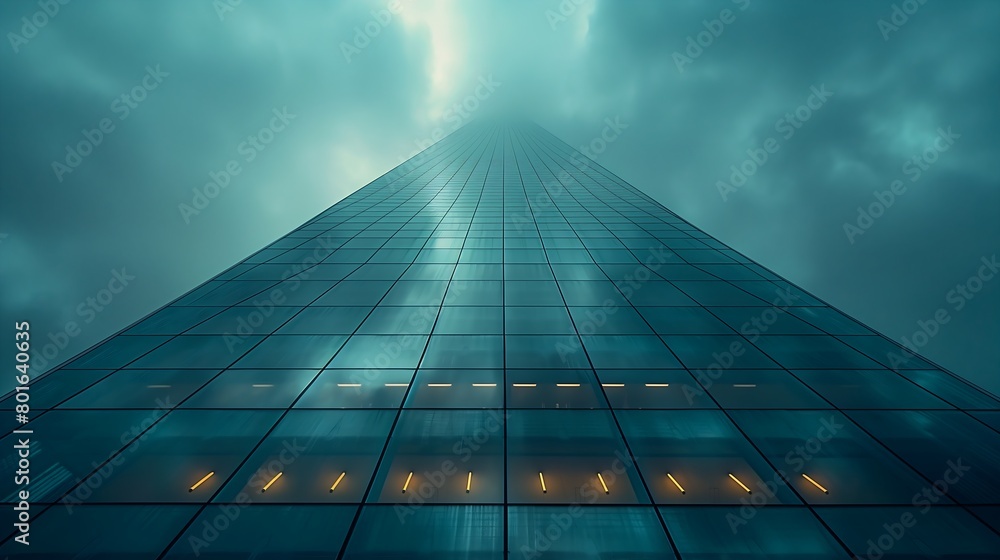 view tall building sky background symmetric lights fog sleek glass buildings foreboding eerie lighting ratio windows lit forbidding view tall building sky background symmetric lights fog sleek glass buildings foreboding eerie lighting ratio windows lit forbidding