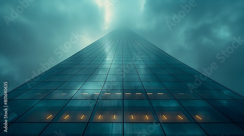view tall building sky background symmetric lights fog sleek glass buildings foreboding eerie lighting ratio windows lit forbidding