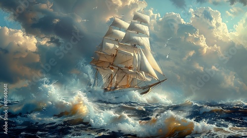large sailboat sailing ocean cloudy day gorgeous highly low pressure system trailing white vapor stunningly churning imagery