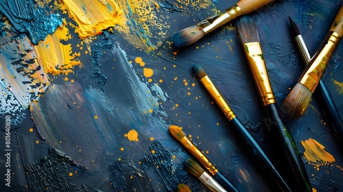 A set of brushes above a painting.