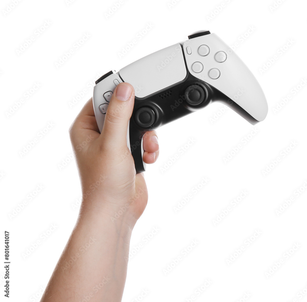 custom made wallpaper toronto digitalWoman holding wireless game controller on white background, closeup