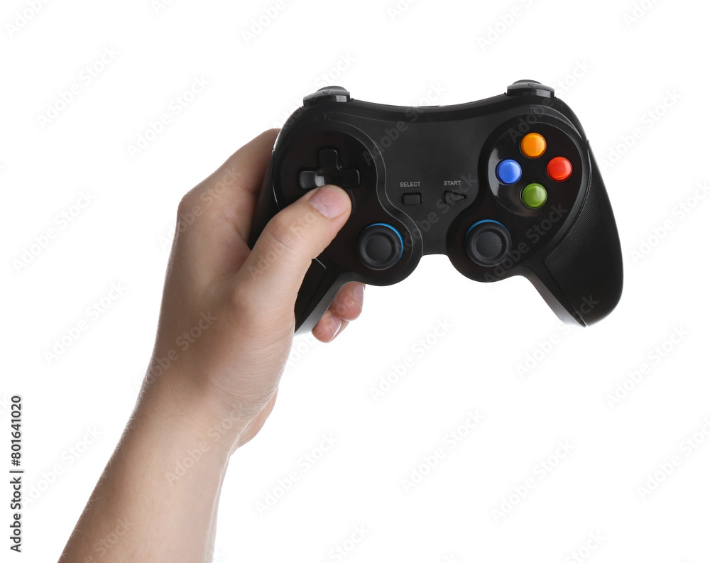 Woman using wireless game controller on white background, closeup Woman using wireless game controller on white background, closeup