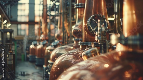 A picturesque view of a whisky distillery's copper stills, with the intricate machinery reflecting the warm hues of the surrounding environment.