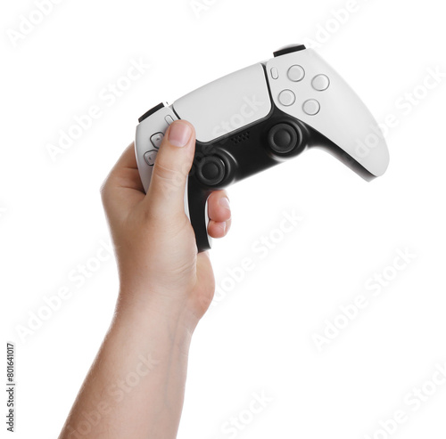 Wallpaper Mural Woman holding wireless game controller on white background, closeup Torontodigital.ca