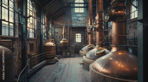 A picturesque view of a whisky distillery's historic architecture, with intricate details and a sense of timelessness.