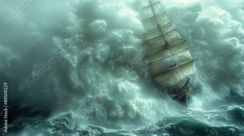 sailboat ocean huge waves stunning great extreme closeup amazingly composed tempest battle weary soft focus masterful