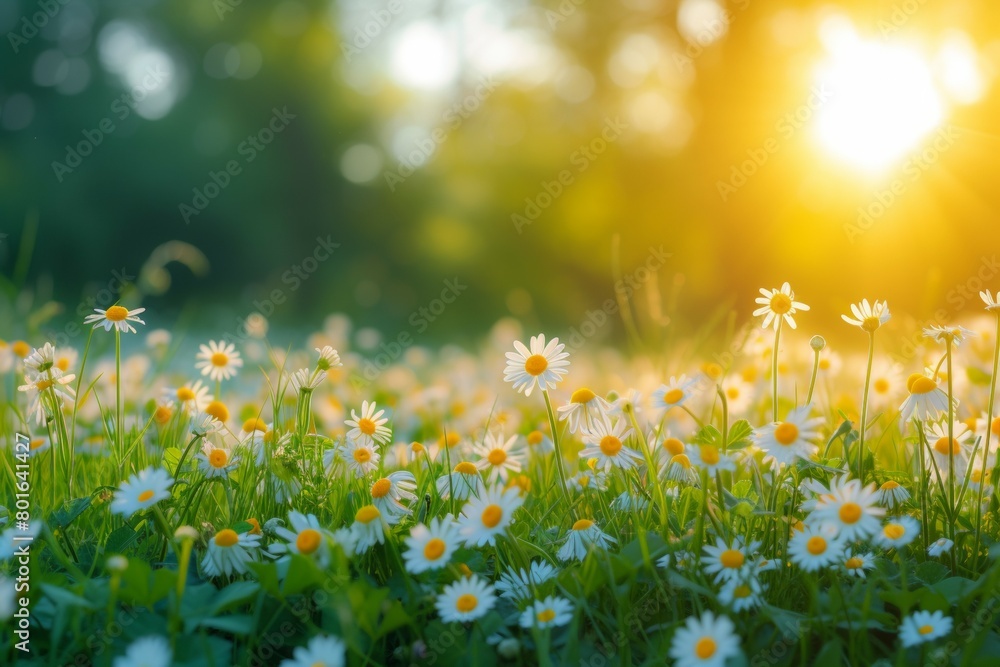 Chamomiles or daisies bloom in a field. Background with selective focus and copy space