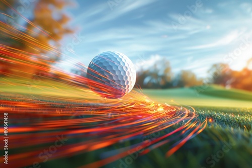 A golf ball is on a grassy field with a bright orange glow with trails of sparks surrounding it photo