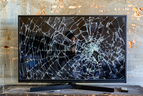 A new flat UHD television with a broken display. photo