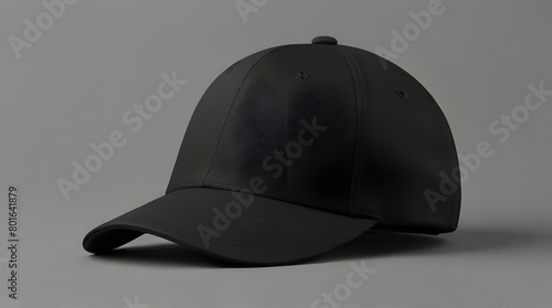 Black Baseball Cap Mockup: Front View on Grey Background,Clothing Store Advertisement, Fashion Mockup Design, Online Product Showcase