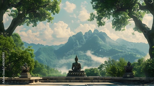 Serene Buddha statue overlooking misty mountains and lush greenscape photo