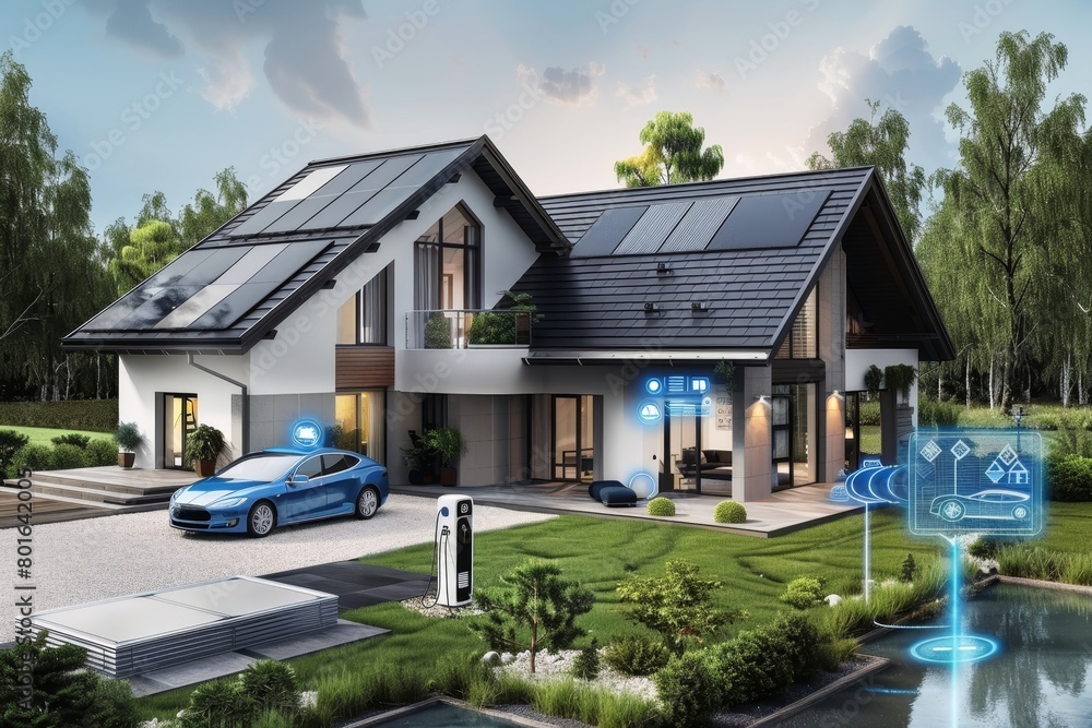A home displaying various energy saving features like smart lights solar panels and an electric car. A home displaying various energy saving features like smart lights solar panels and an electric car.