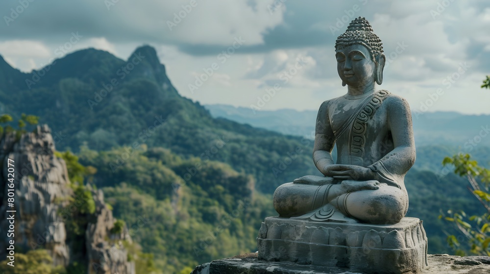 Serene Buddha statue with mountain backdrop, a symbol of peace and spirituality